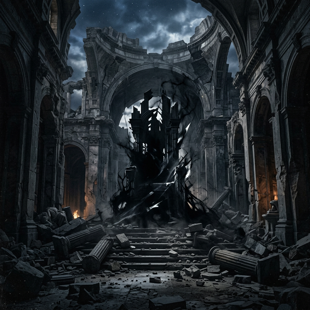 Ruined cathedral interior with collapsed columns, debris, and a dark swirling portal at the center