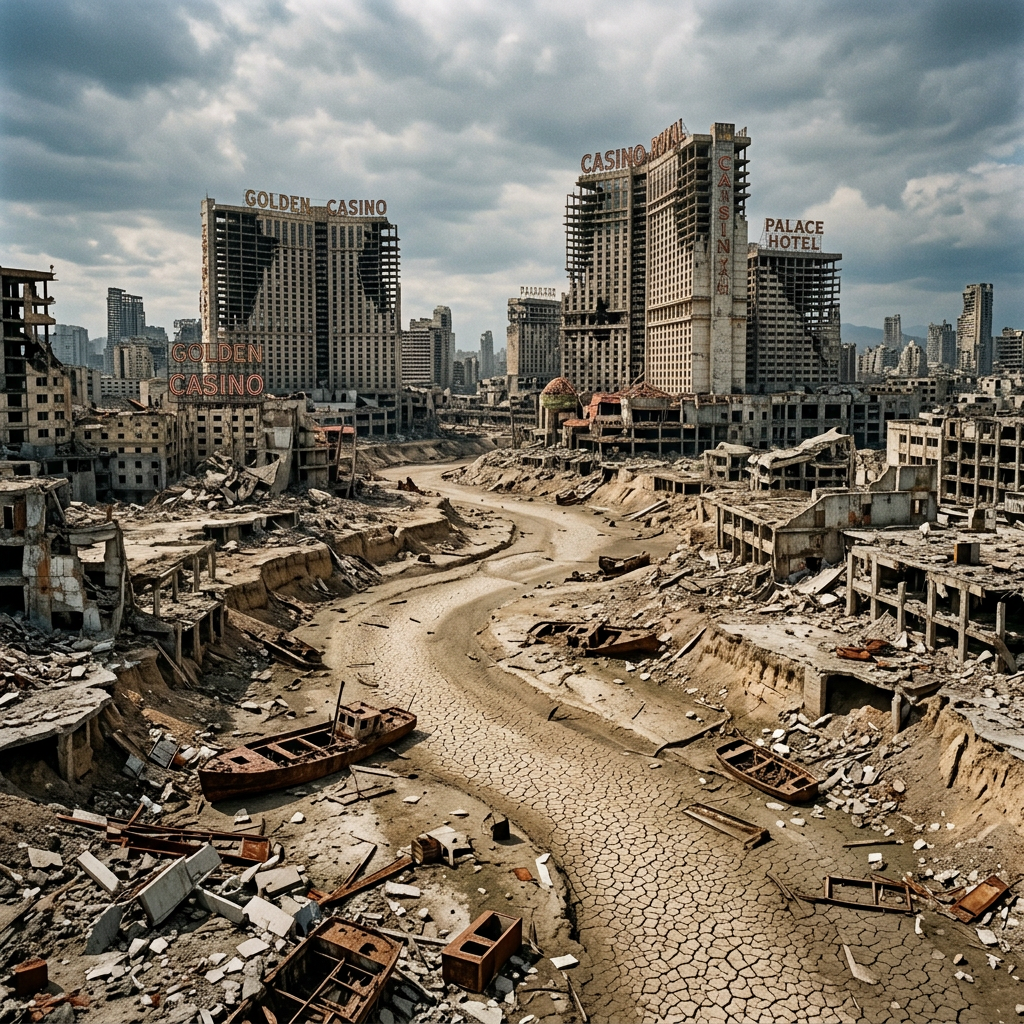 Ruined casinos and hotels around a cracked dry riverbed in an abandoned city
