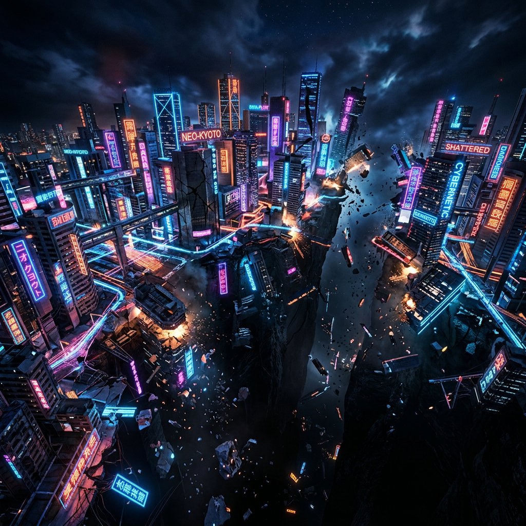 Neon-lit futuristic cityscape split by a large fissure with debris and explosions