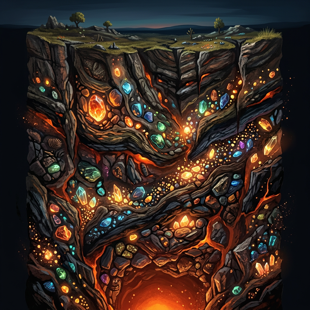 Cross section of underground volcanic cavern filled with glowing multicolored gems