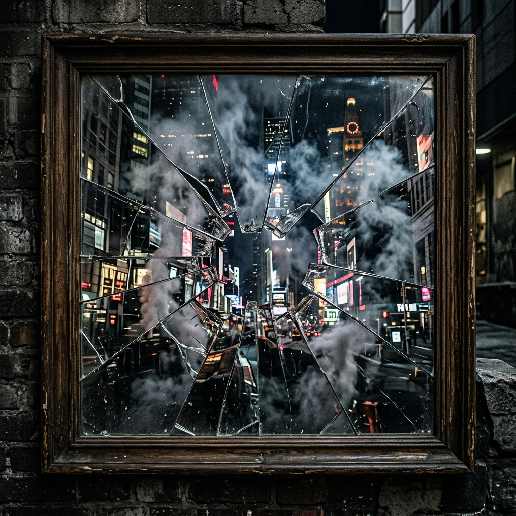 Night cityscape with steam and lights viewed through cracked glass in wooden frame