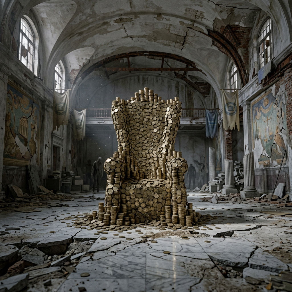 Throne made from numerous stacked gold coins in a dilapidated, cracked marble hall with broken pillars.