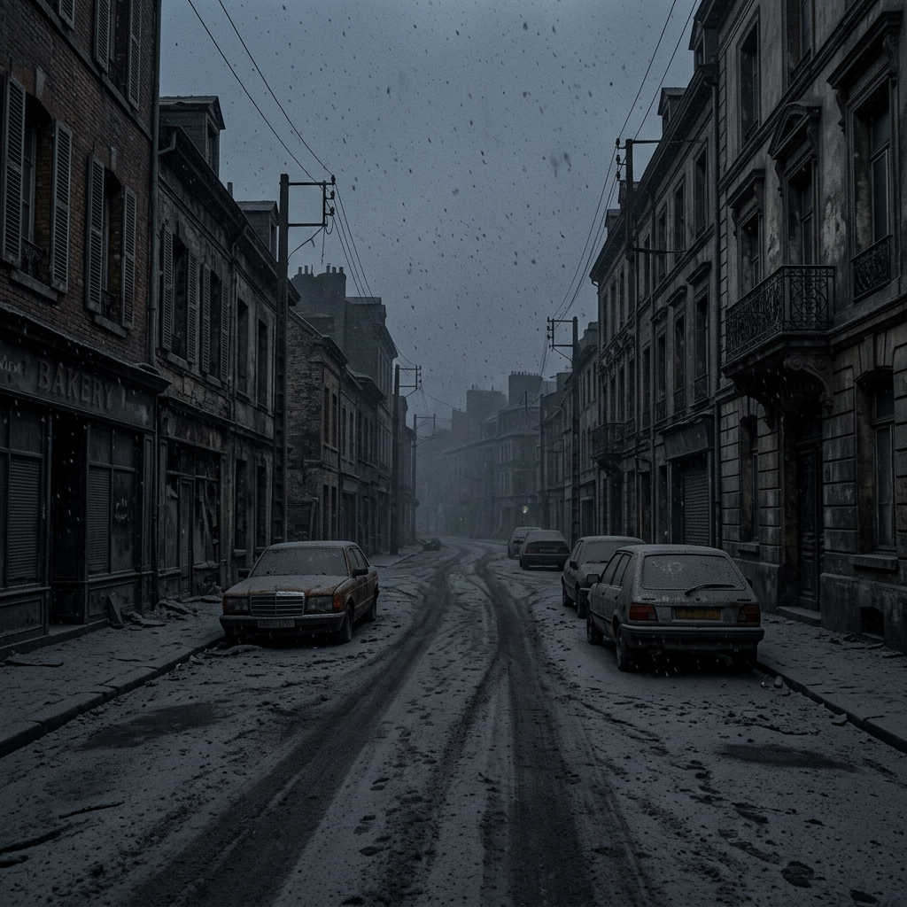 Snow-covered empty street with parked cars and old buildings under snowfall