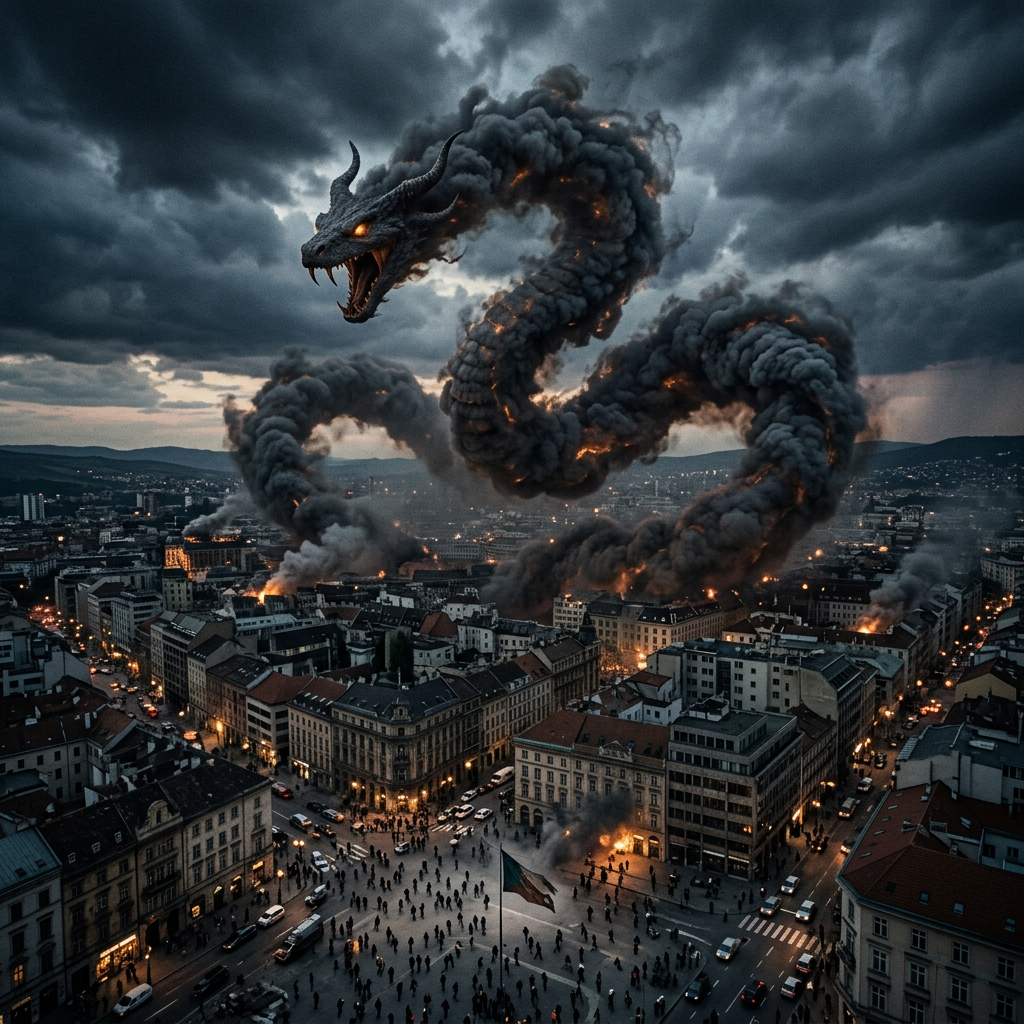 Gigantic dragon formed from dark smoke with fiery eyes and mouth over a city