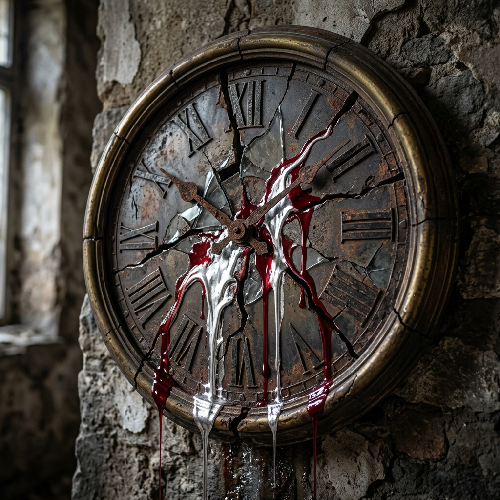 Cracked vintage clock face with Roman numerals and red and white paint dripping