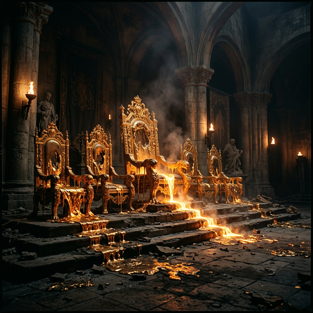 Five ornate golden thrones melting with molten gold flowing onto stone floor in a dimly lit medieval hall