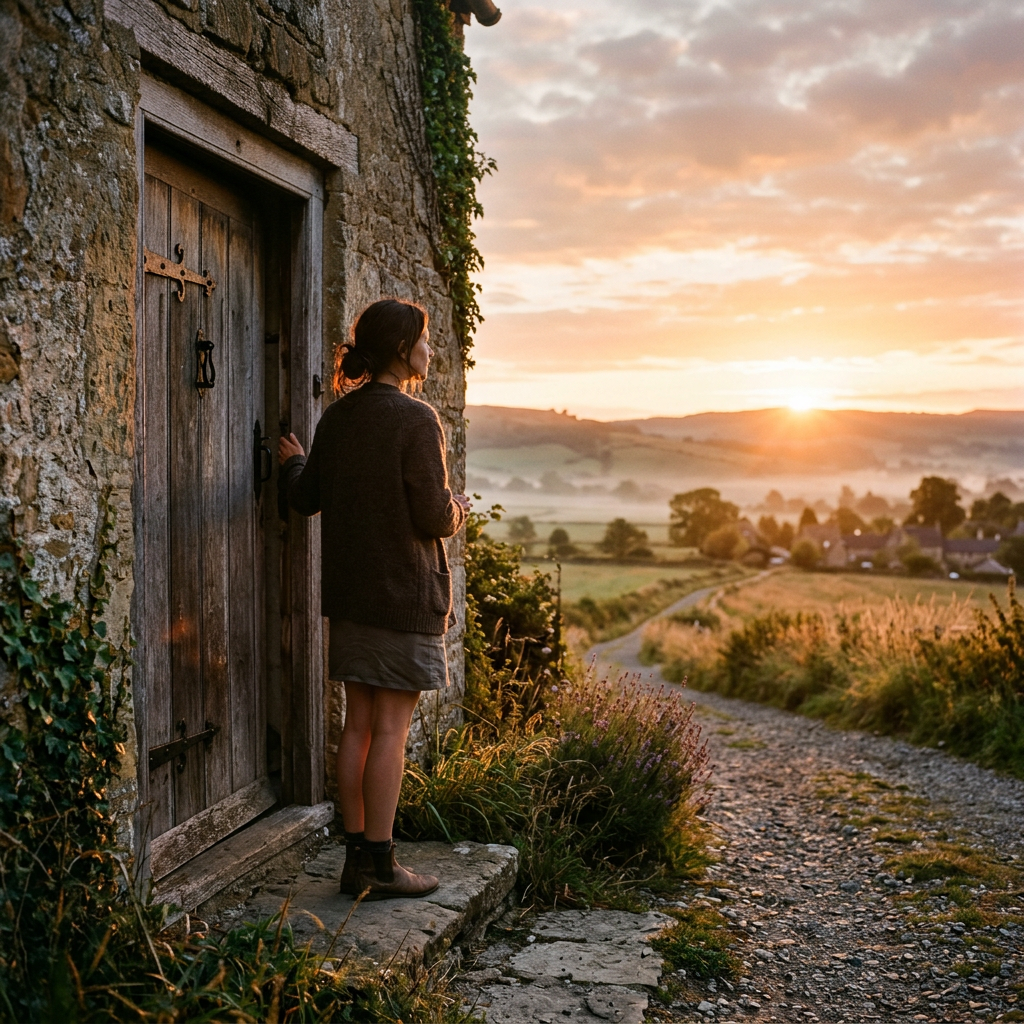 A woman standing in a stone doorway looking at sunrise over rural landscape