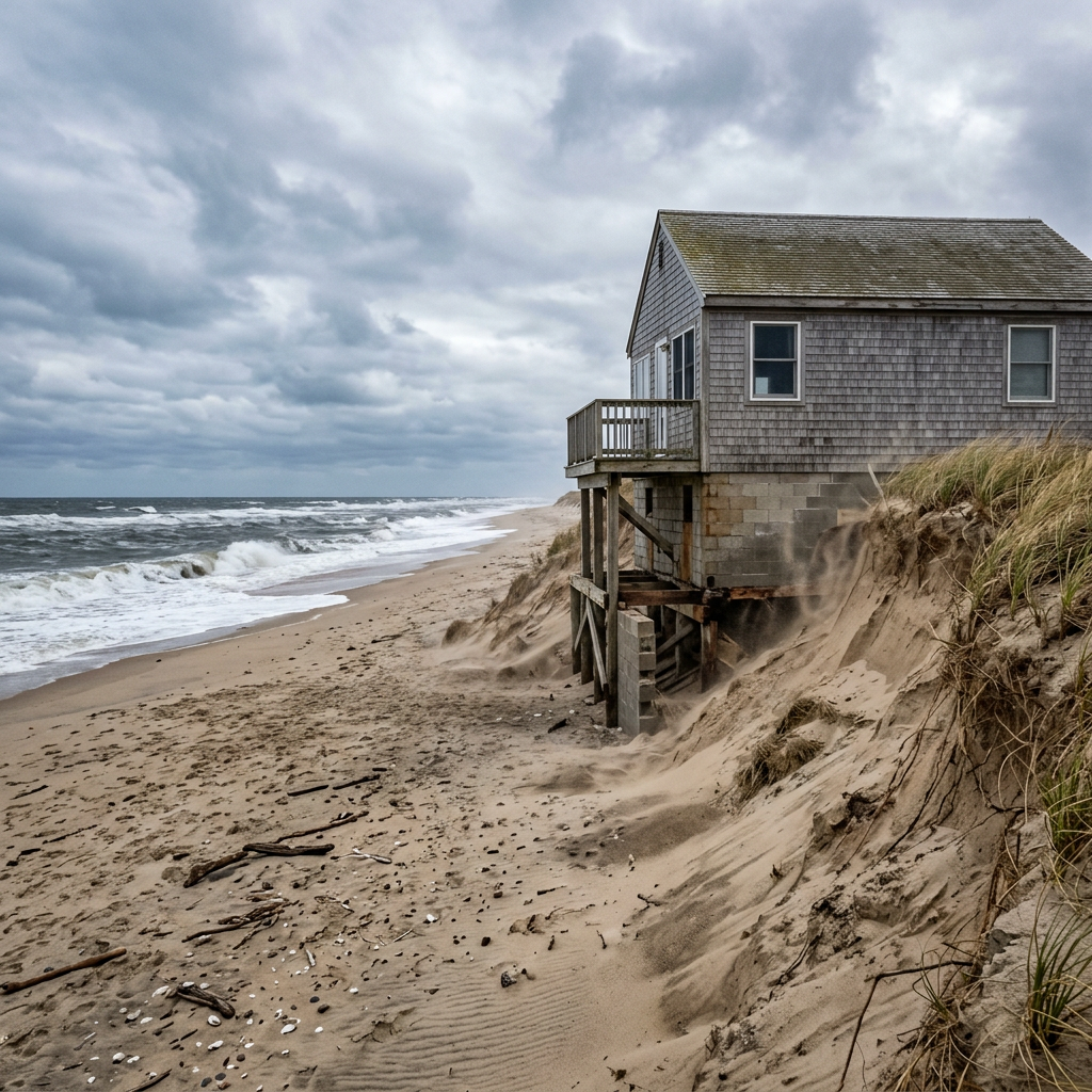 House on wooden stilts at eroding sandy beach under cloudy sky