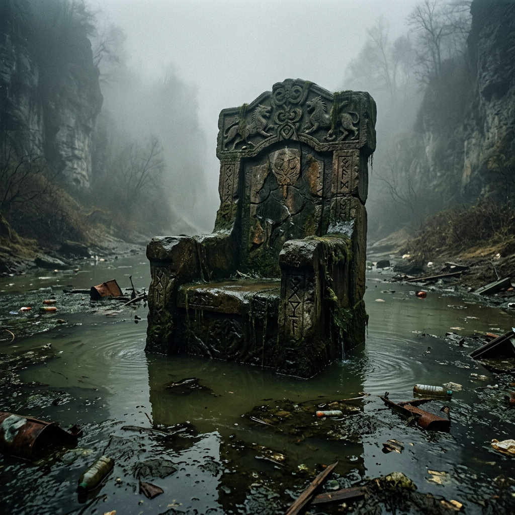 Ancient stone throne with carvings sitting in water amidst fog and debris in a rocky ravine