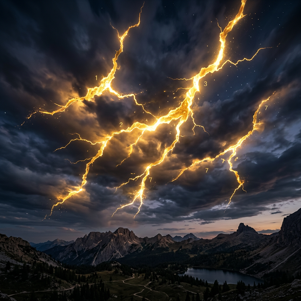 Golden lightning bolts splitting dark storm clouds over mountainous terrain with a lake below
