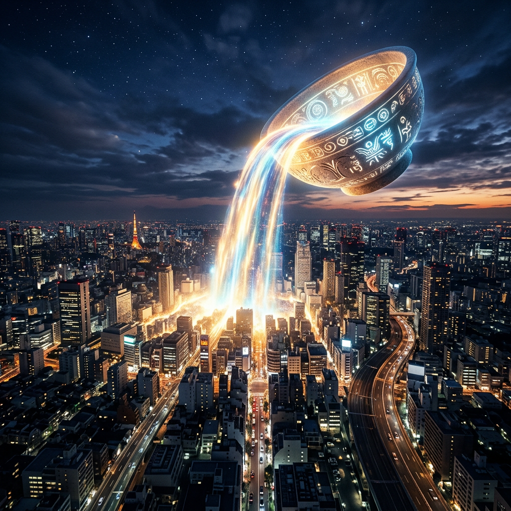 Ancient bowl emitting glowing blue and orange streams of light above night cityscape.