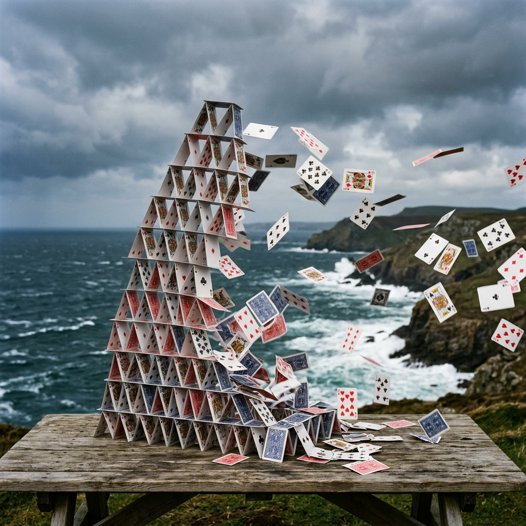 A house of cards collapsing on a wooden table with playing cards scattering in the wind near a rocky ocean coast