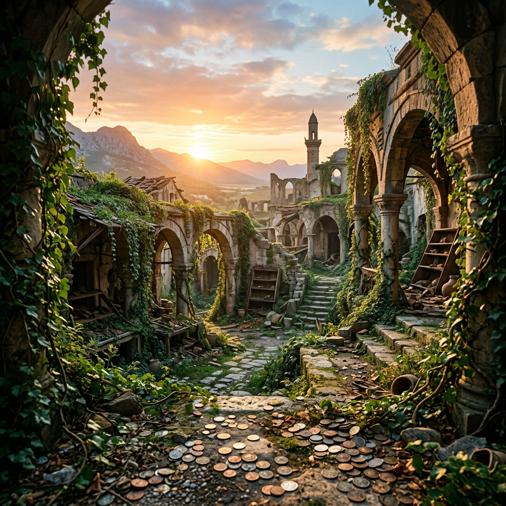 Overgrown ancient ruins and stone arches at sunset with coins on the ground