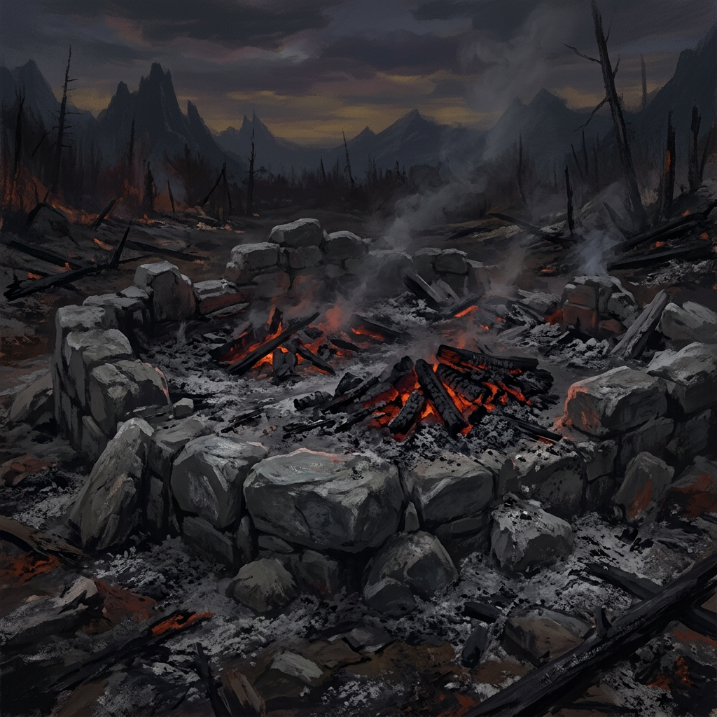 Charred stone ruins with glowing embers and smoke in a devastated, desolate landscape