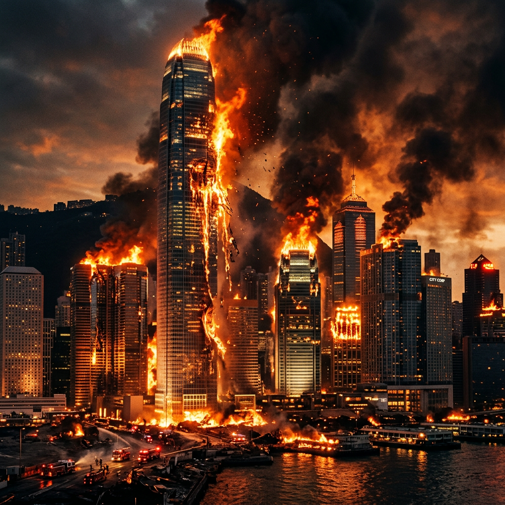 Multiple skyscrapers on fire with heavy smoke in a city skyline at dusk