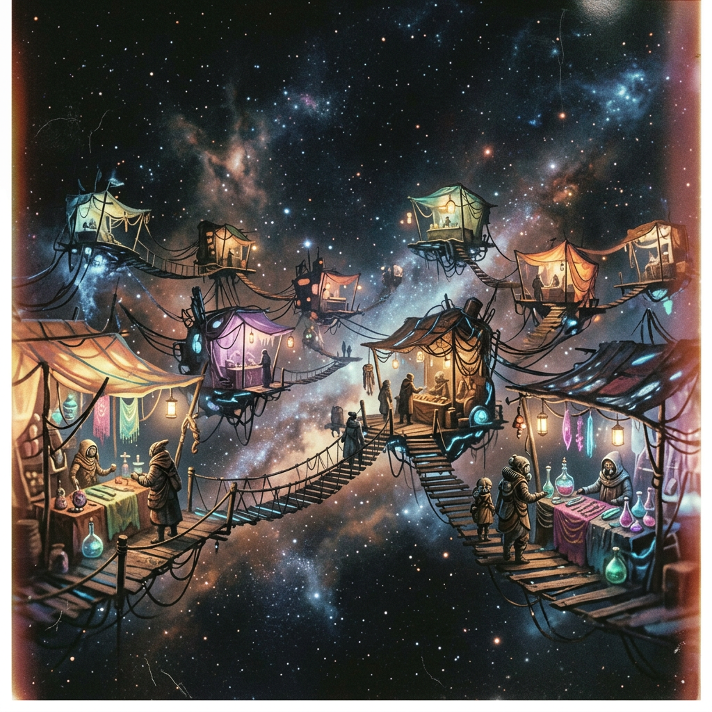 Market stalls connected by wooden bridges floating in space with people trading goods.