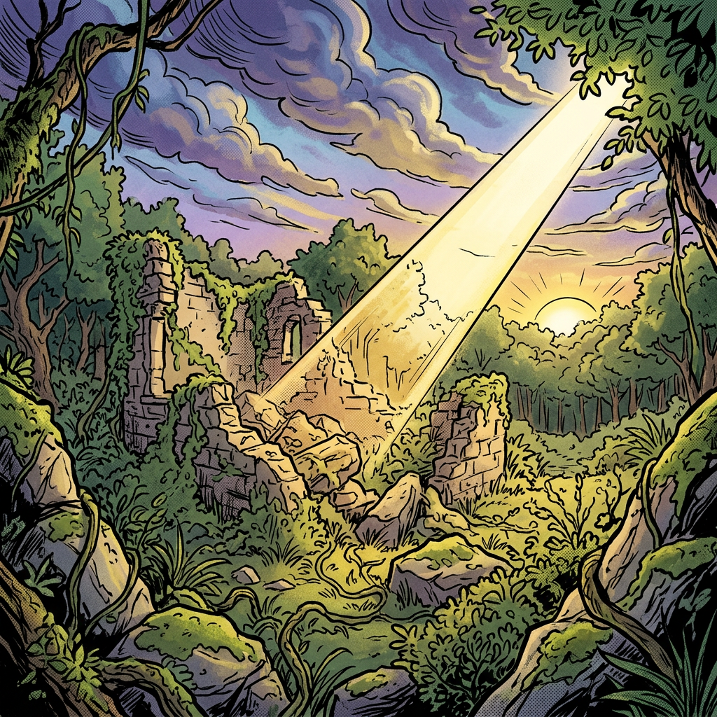 Overgrown ancient stone ruins in dense forest with sunlight beam at sunset