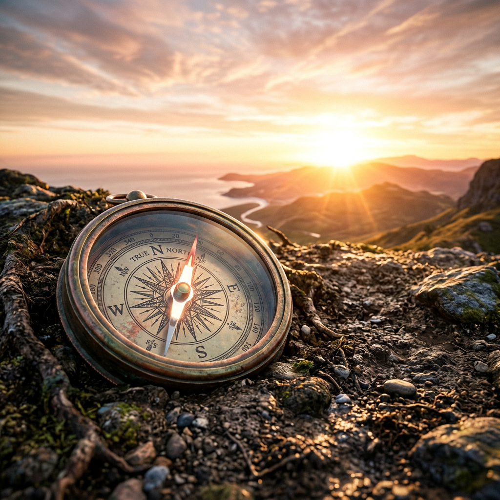 Vintage compass showing north direction resting on rocky soil with sunrise and mountains