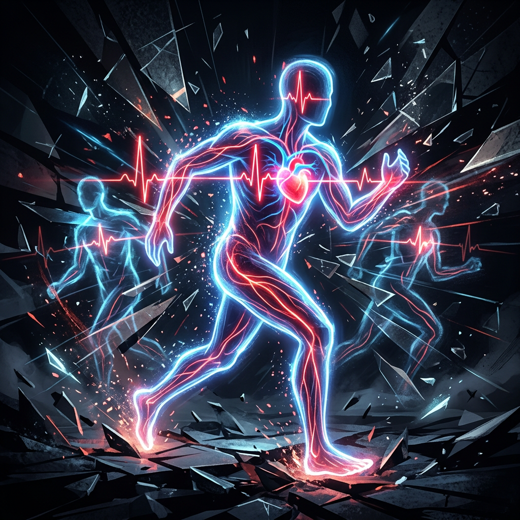 Multiple glowing human outlines running with red heartbeat lines across chests