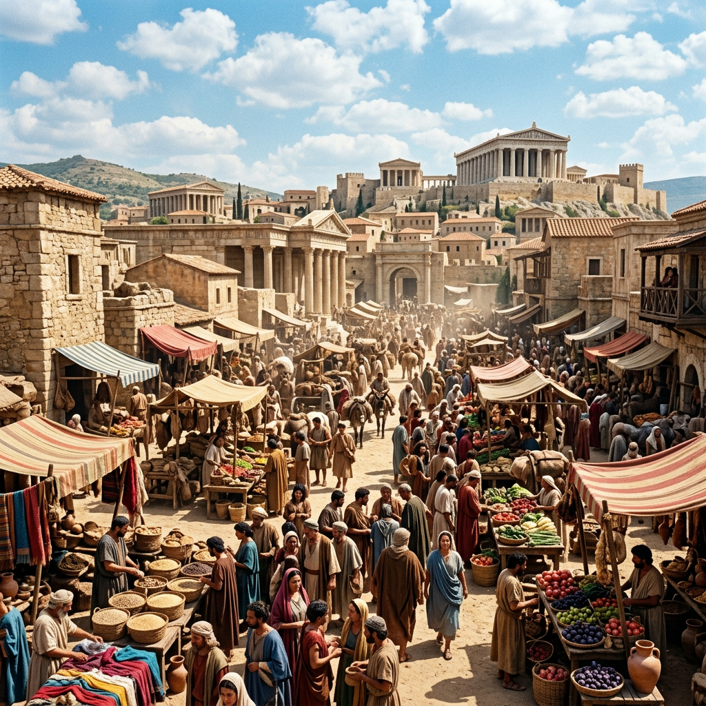 Ancient Greek marketplace with many people trading fruits and goods under tents