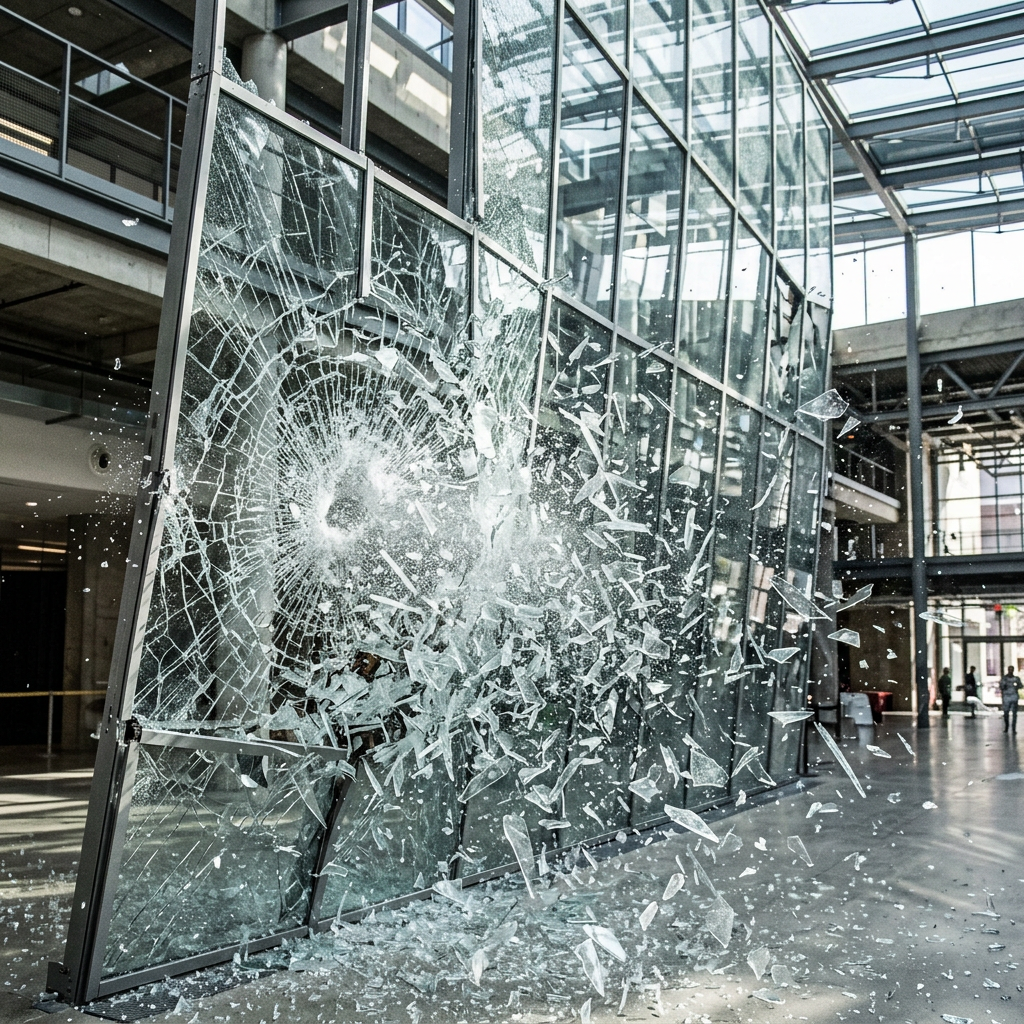 Glass wall breaking into many shards from a central impact point inside a building