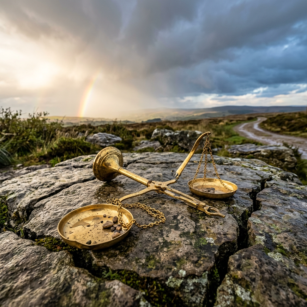 Brass balance scale on rocky ground with pebbles and a rainbow in the background
