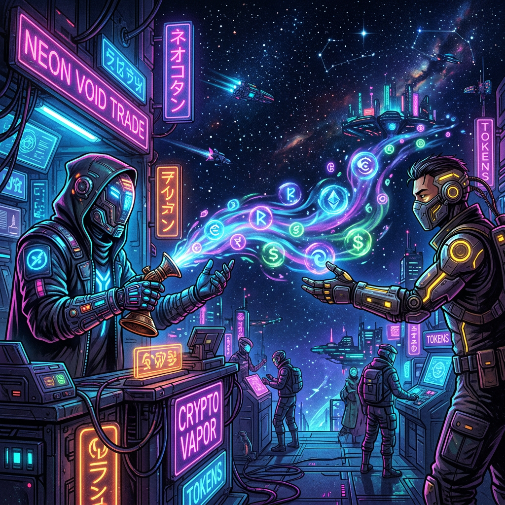 Two cyber-enhanced people exchanging glowing crypto tokens in a neon city