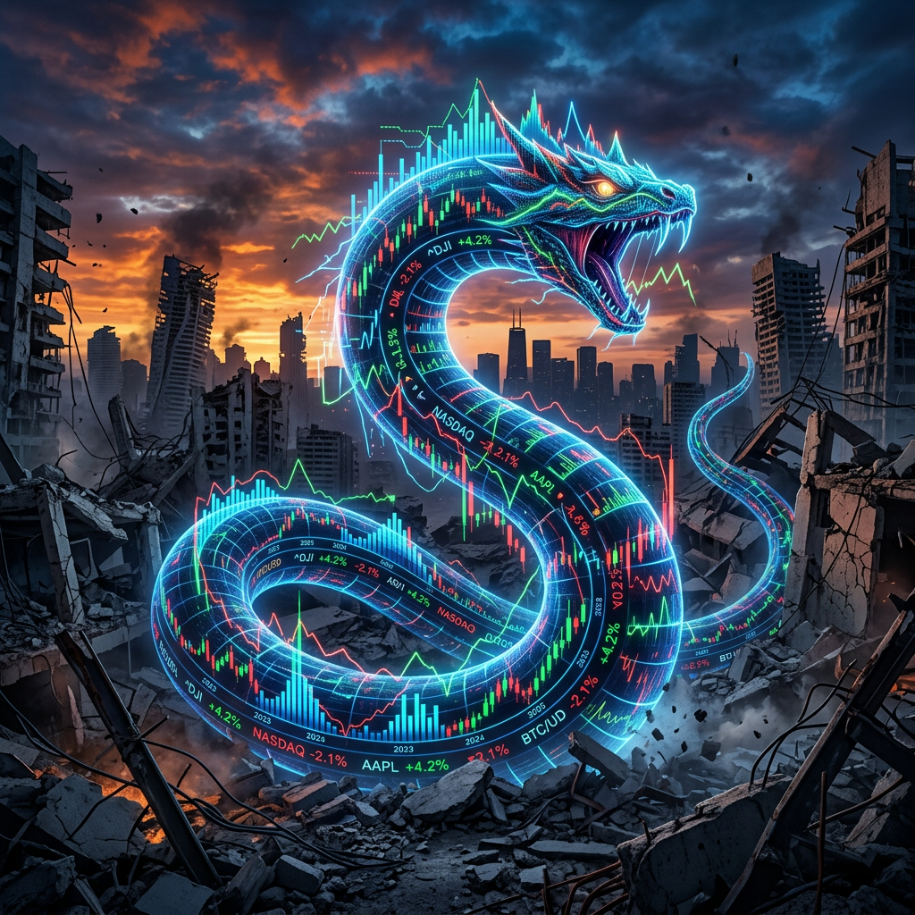 Glowing digital dragon composed of stock market charts and percentages winding through a ruined city