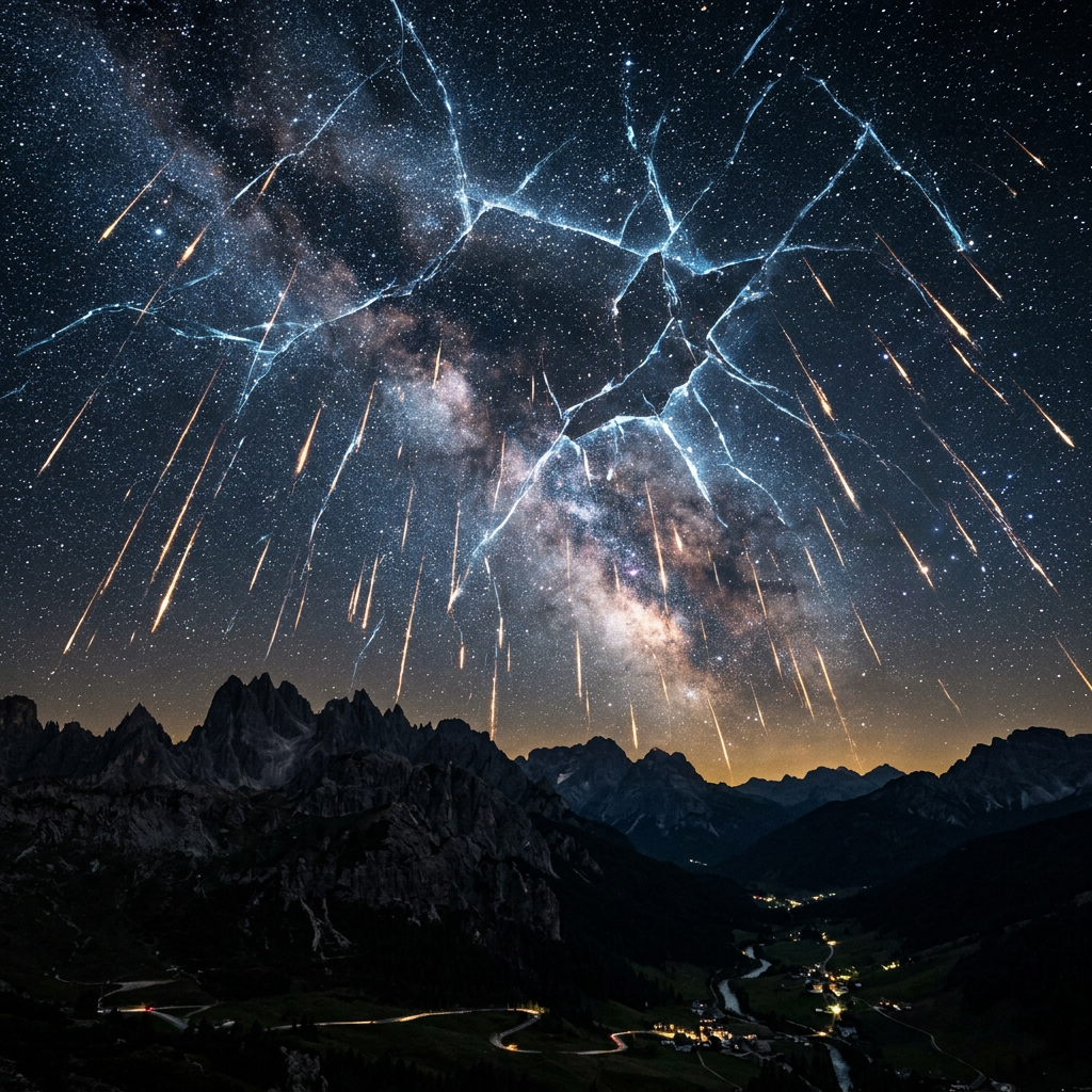 Meteor shower with multiple streaks of light across star-filled sky above mountain valley