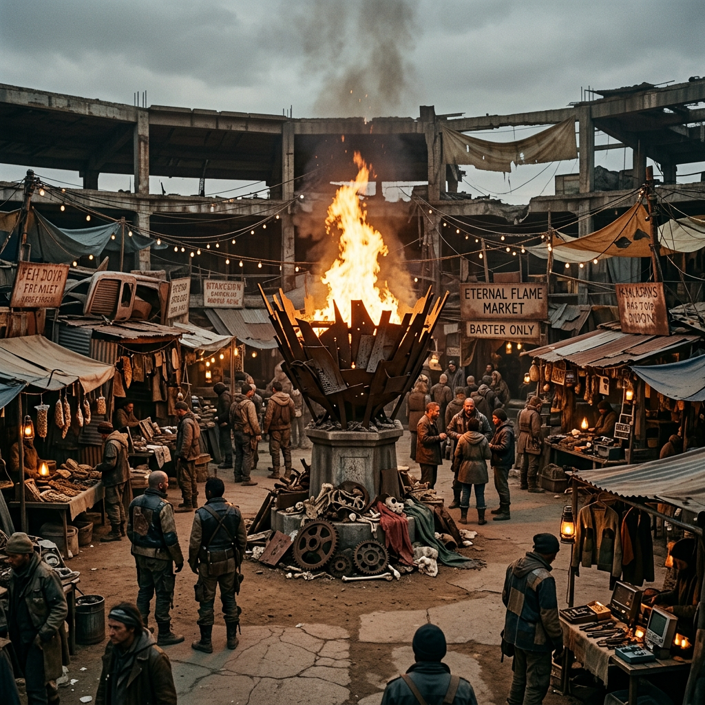 Outdoor market scene with a large central fire and people trading goods in a post-apocalyptic setting