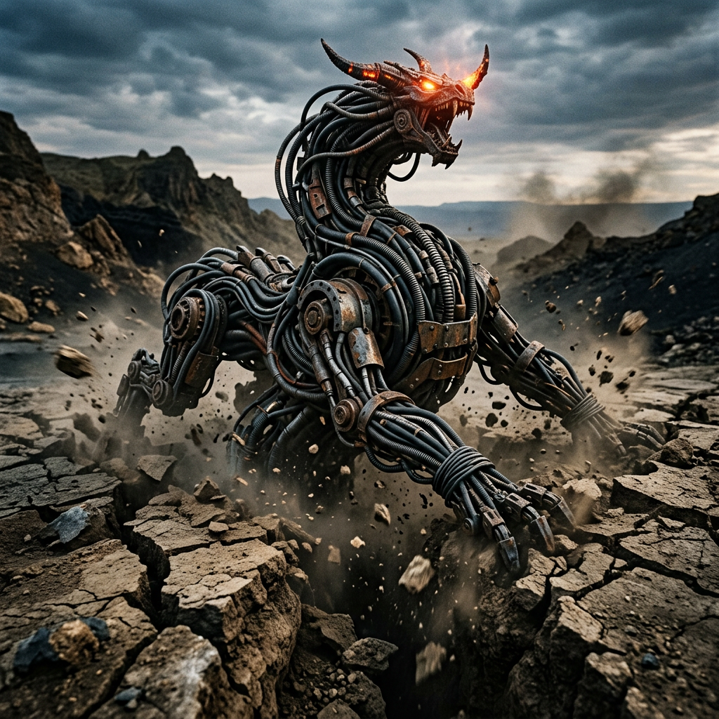Mechanical dragon rising from cracked ground with glowing eyes and metal tubing