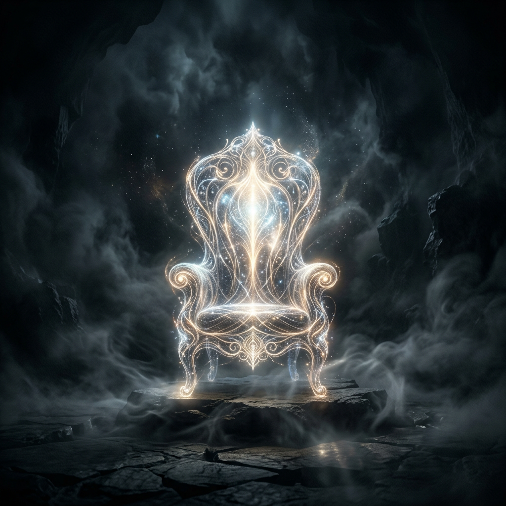 Glowing ornate throne emitting swirling light in a dark cave with mist