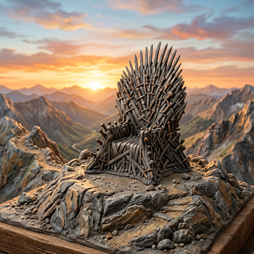 Iron Throne made of swords on rocky mountain summit during sunset
