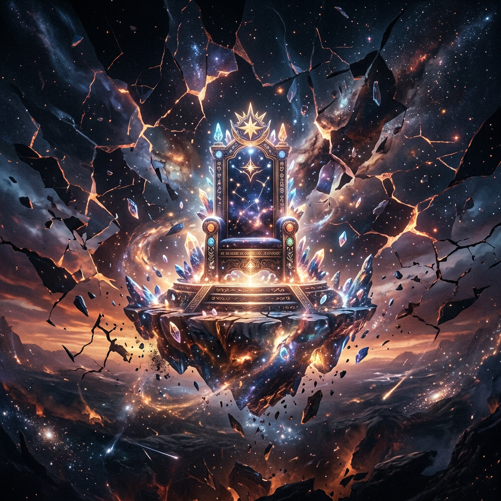An ornate throne glowing with cosmic light on a floating rock surrounded by shattered space debris and stars