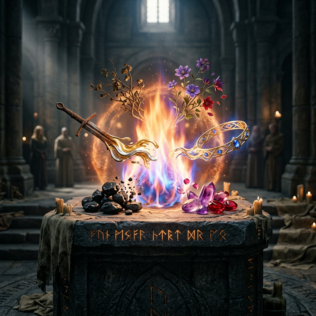 Magical sword, flowers, crown, and crystals levitating over a stone altar with flames in an ancient hall