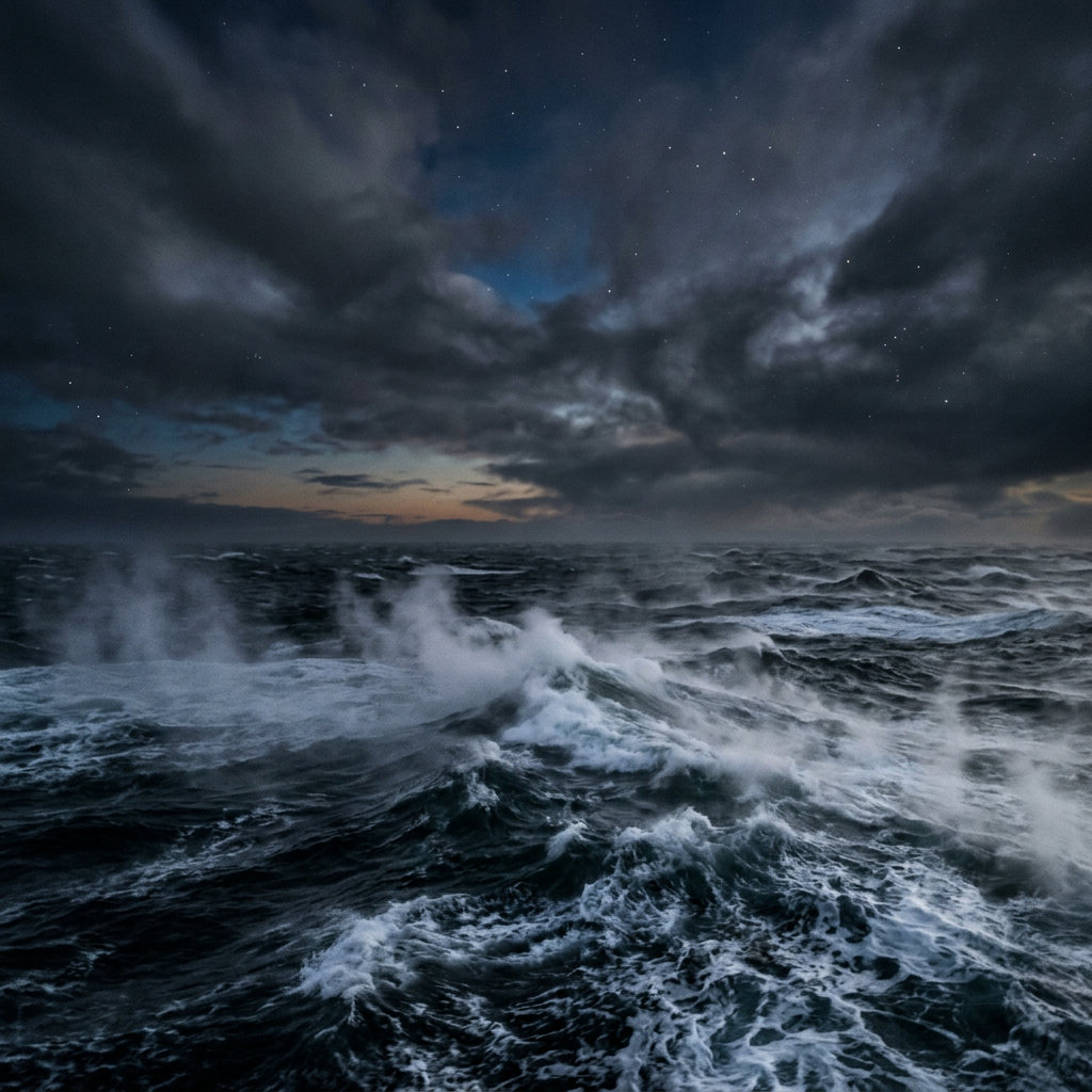 Rough ocean waves with white foam under a cloudy sky at night