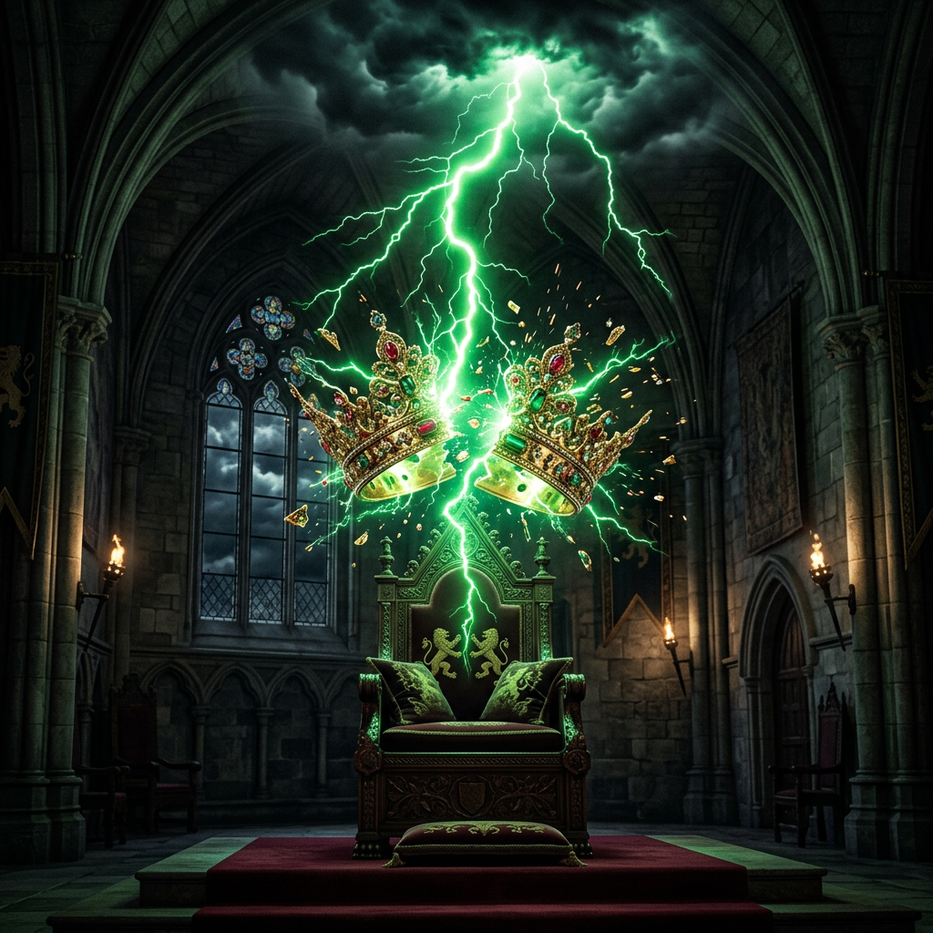 Two jeweled crowns breaking apart above a throne with green lightning inside a gothic stone hall