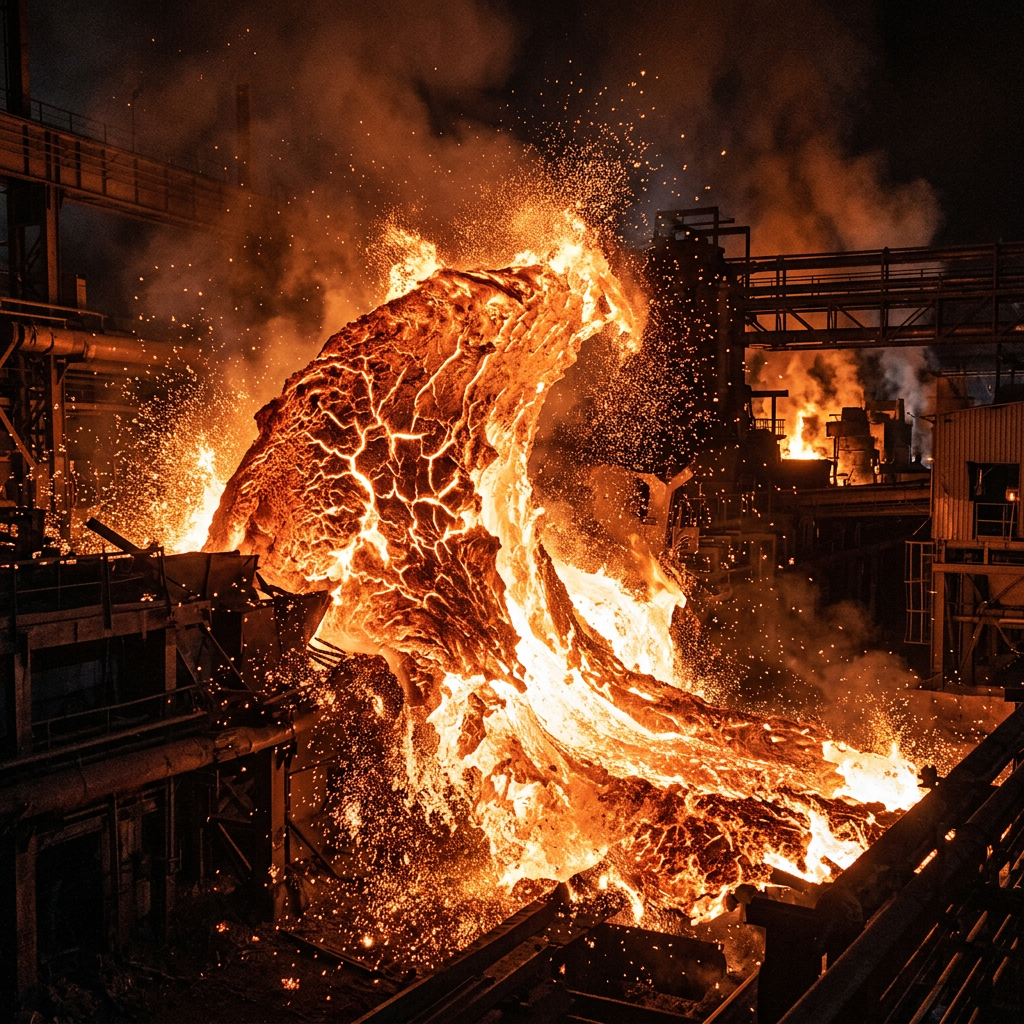Molten steel flowing with sparks in an industrial foundry at night