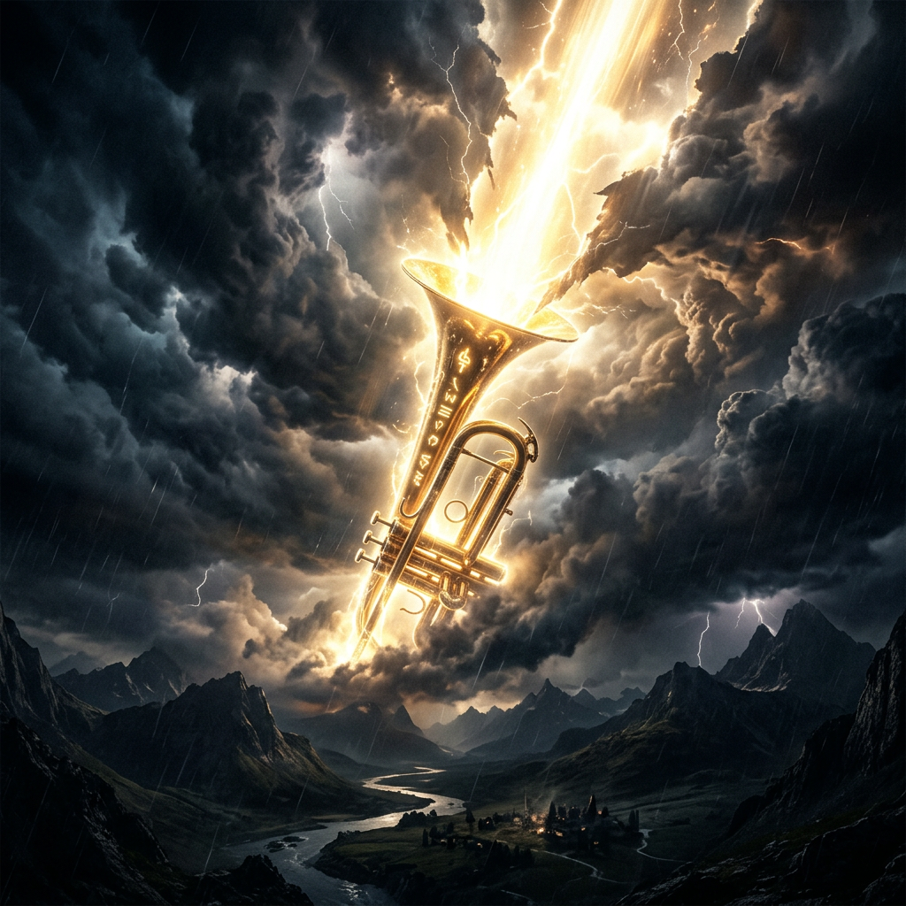 Glowing trumpet with magical light beams piercing dark stormy clouds over mountainous landscape