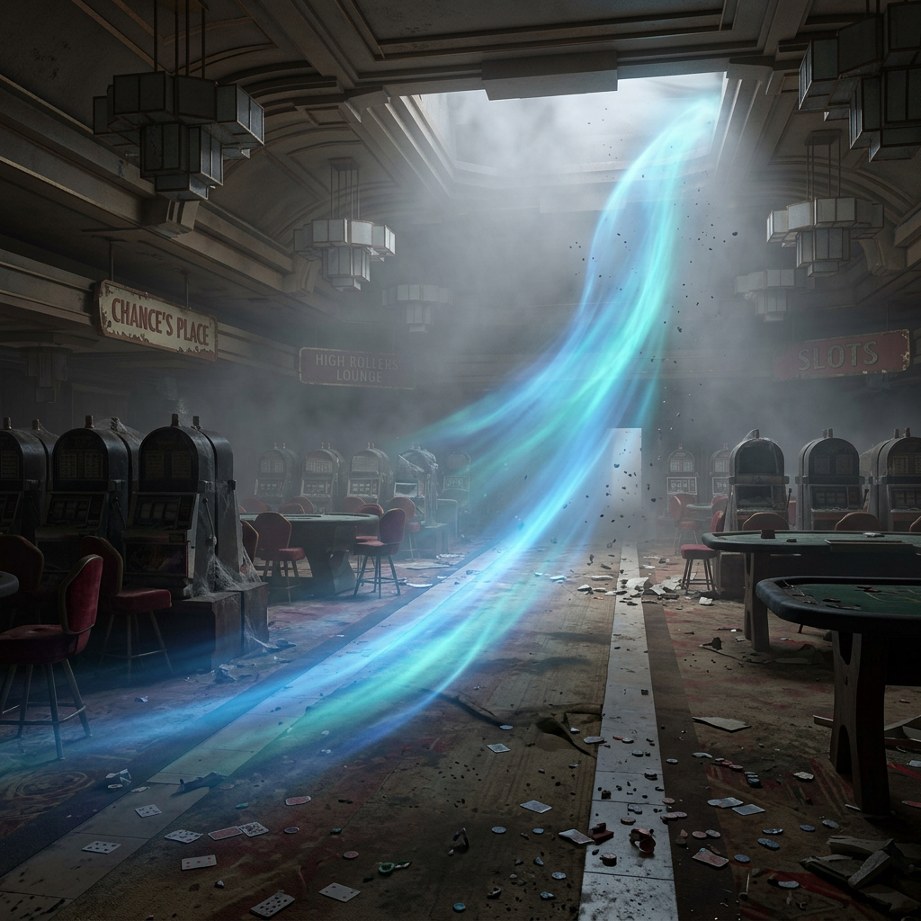 Empty casino floor with slot machines, tables, scattered cards, and a glowing blue light beam