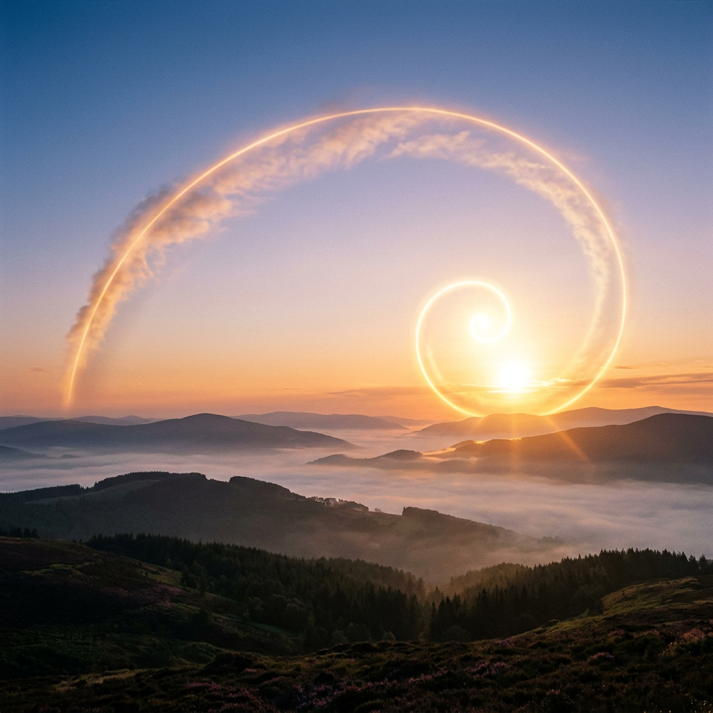 Mountain landscape at sunrise with glowing spiral light trail in the sky