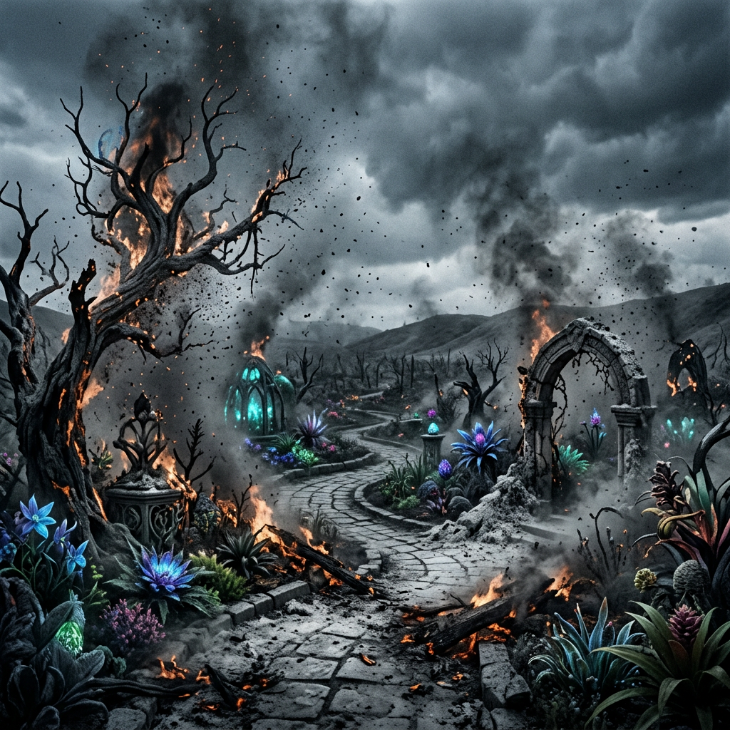 Burnt path through a mystical ashland with glowing blue and purple plants and charred ruins under a stormy sky