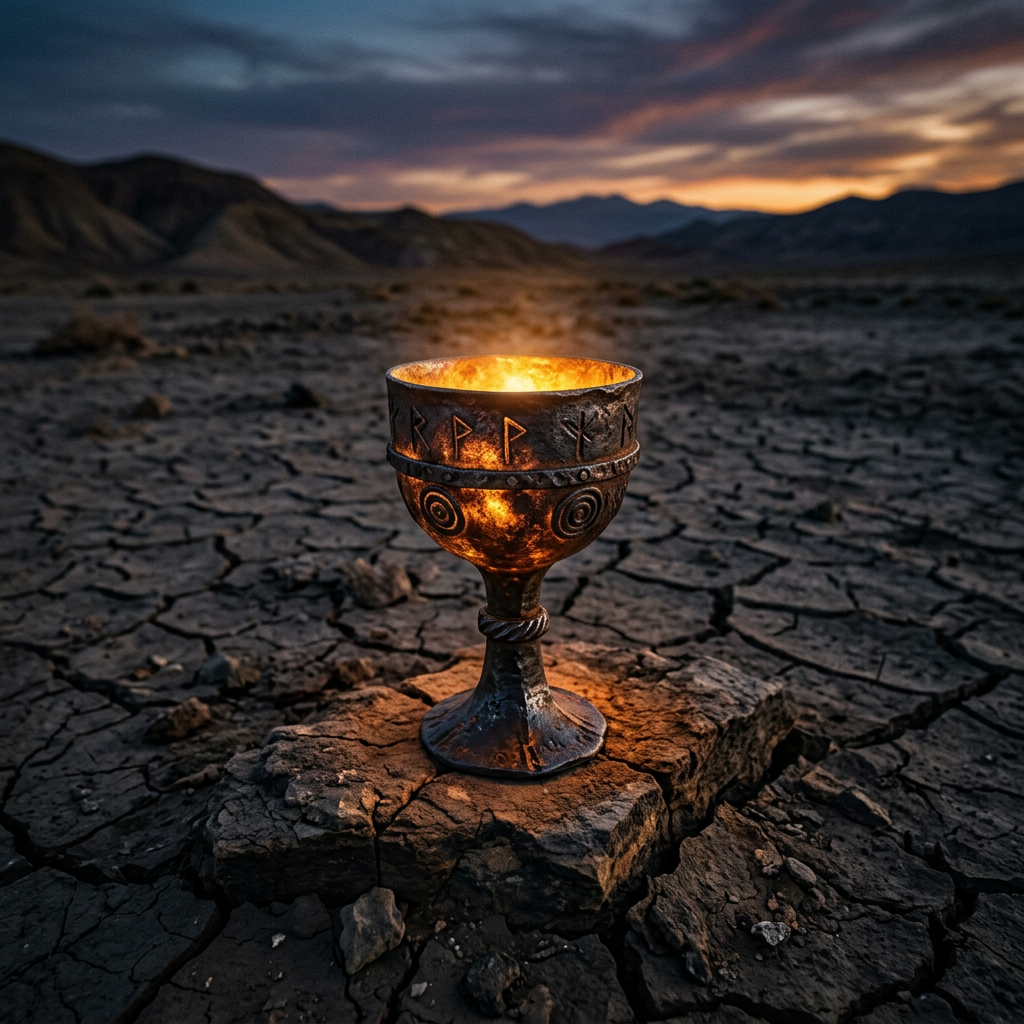 Glowing ancient chalice with runes on cracked dry desert ground