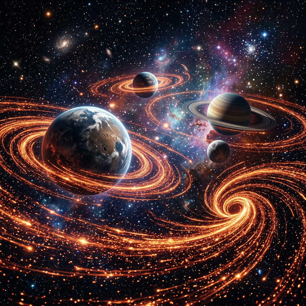 Planets with glowing, swirling orbital trails in a star-filled galaxy
