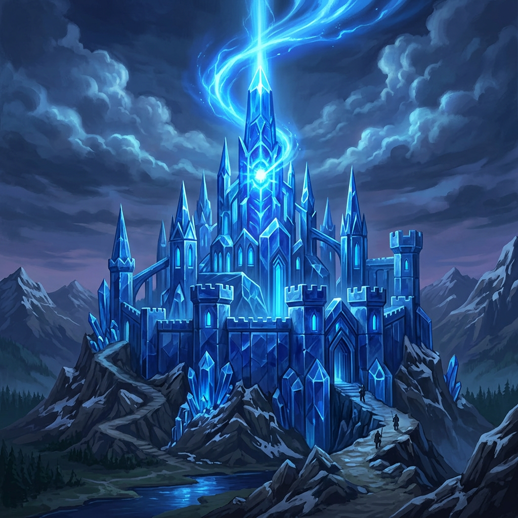 A majestic blue crystal fortress with glowing spires in mountains