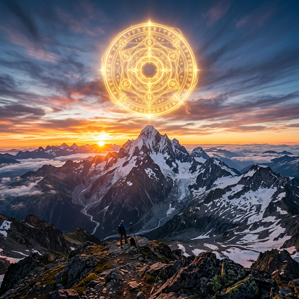 Glowing magical circle above snow-capped mountain peak at sunset with photographer