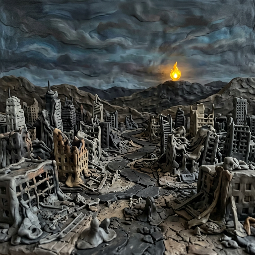 Desolate city ruins with collapsed buildings and glowing flame on distant hill