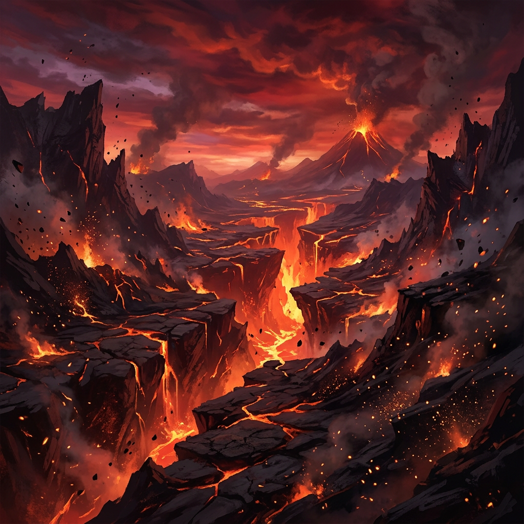 Volcanic eruption with lava flowing through cracked ground and smoke rising
