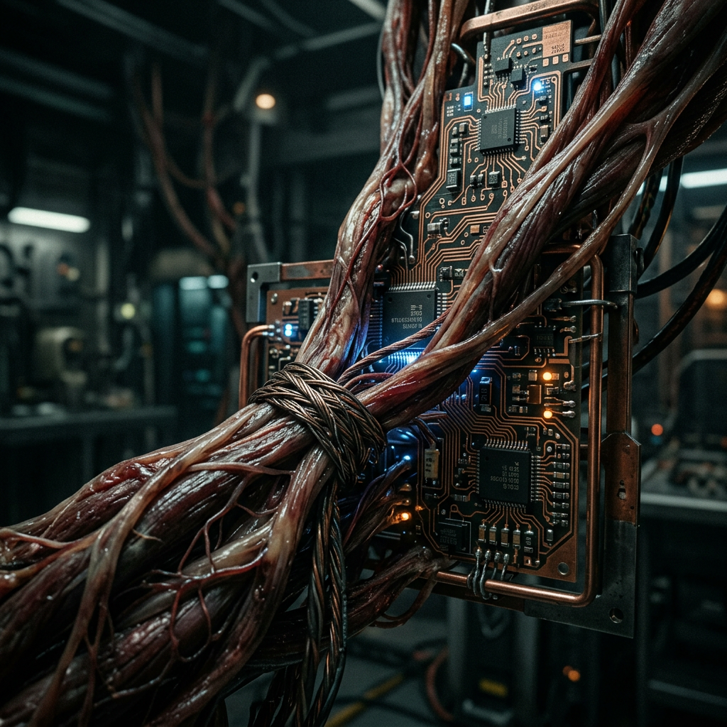 Circuit board integrated with organic neural fibers wrapped around it with glowing lights.