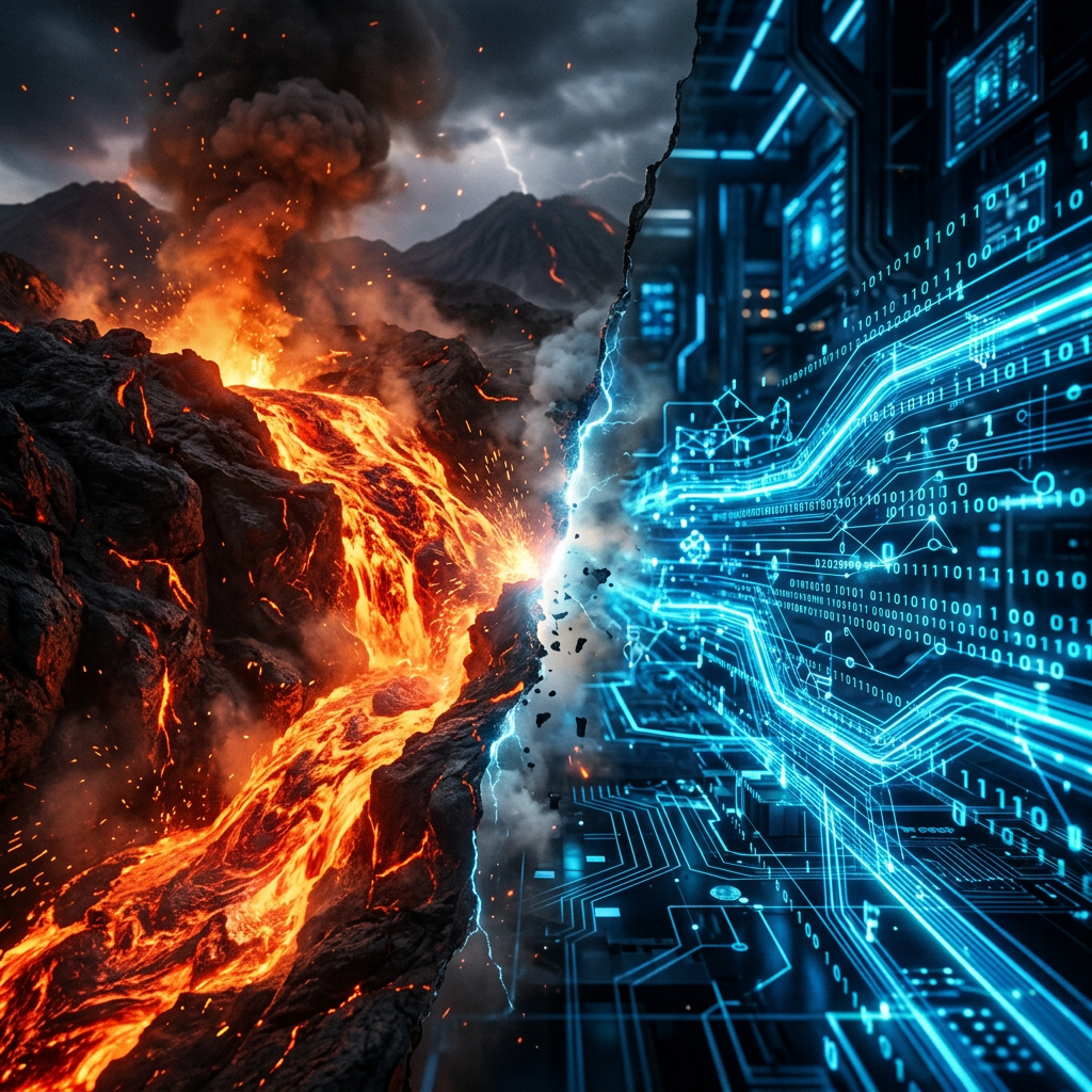 Lava flow and volcanic eruption merging with digital circuitry and binary code
